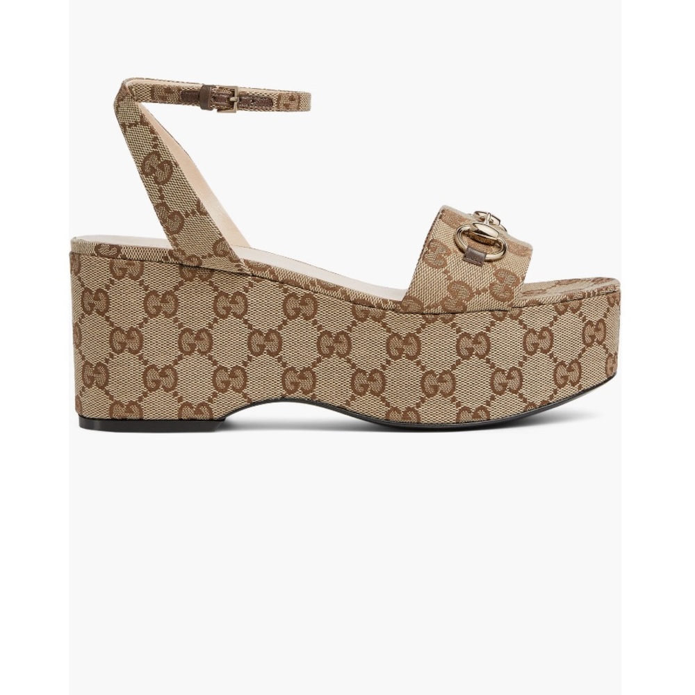 Gucci Horsebit GG Logo Canvas Platform Wedge Sandals Eu 39.5 US 10  ( 1/2 Big) - Picture 11 of 12